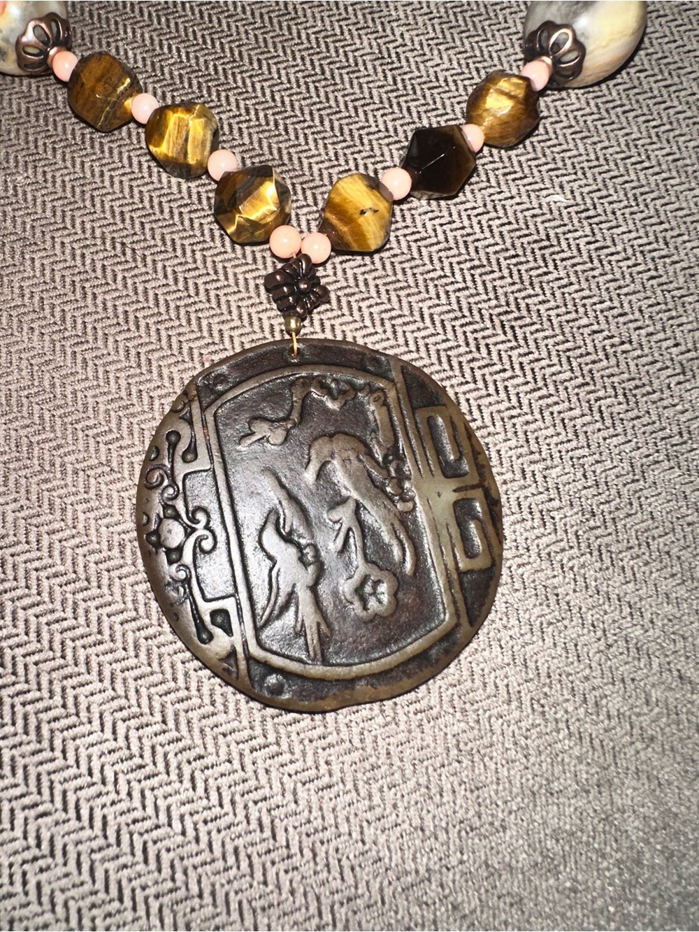 Handcrafted  Yellow Jade, Coral, Tigers Eye, pearl, carnelian, Carved  Pendant. - Picture 8 of 8